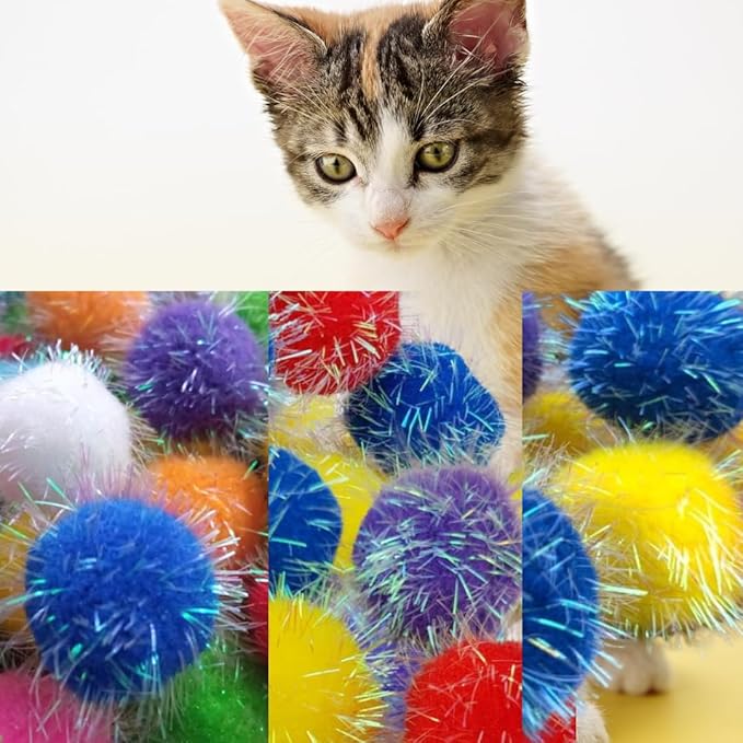 20 Pieces Mix Sizes Sparkle Pom Pom Balls for Cat - Interactive Glitter Balls, Multicolor, Best as Kitten Play Toys.-Mewly Pet