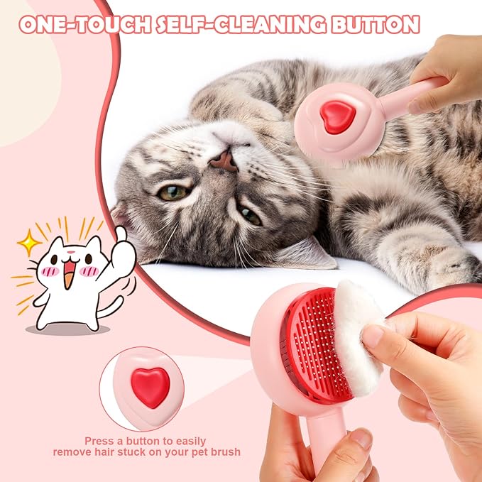 New cat brush&dog brush,pet hair brush with Self Cleaning Button Easy to remove loose undercoat，Needle-tip massage beads, no harm to the skin,Lovely Heart Series(Khaki)-Mewly Pet