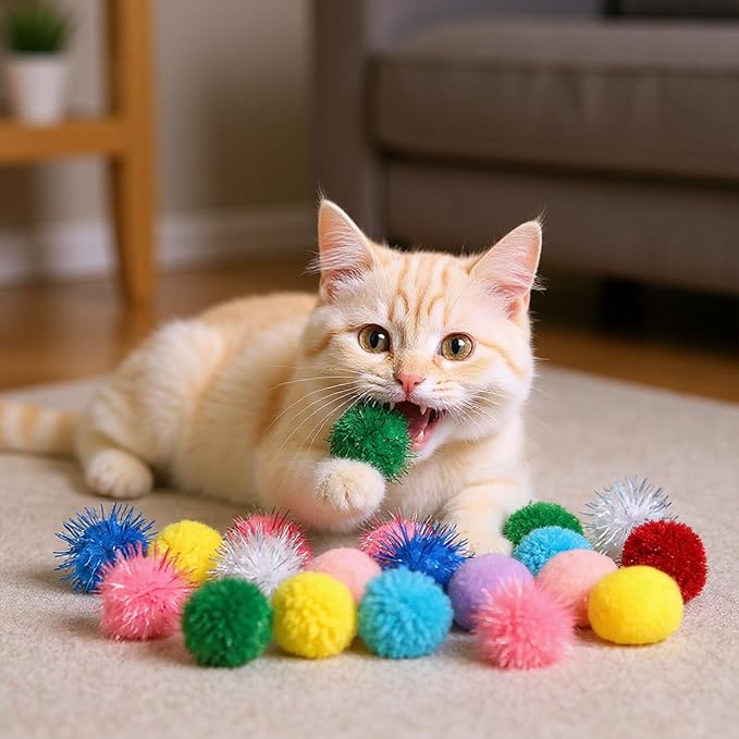 30 Pcs Cat Pom Pom Balls Assorted Color Sparkle Ball for Indoor Cats, Interactive Cats Toys Fuzzy Cat Balls Tinsel Glitter Chase Poms Poms Ball for Exercise and Entertainment-Mewly Pet