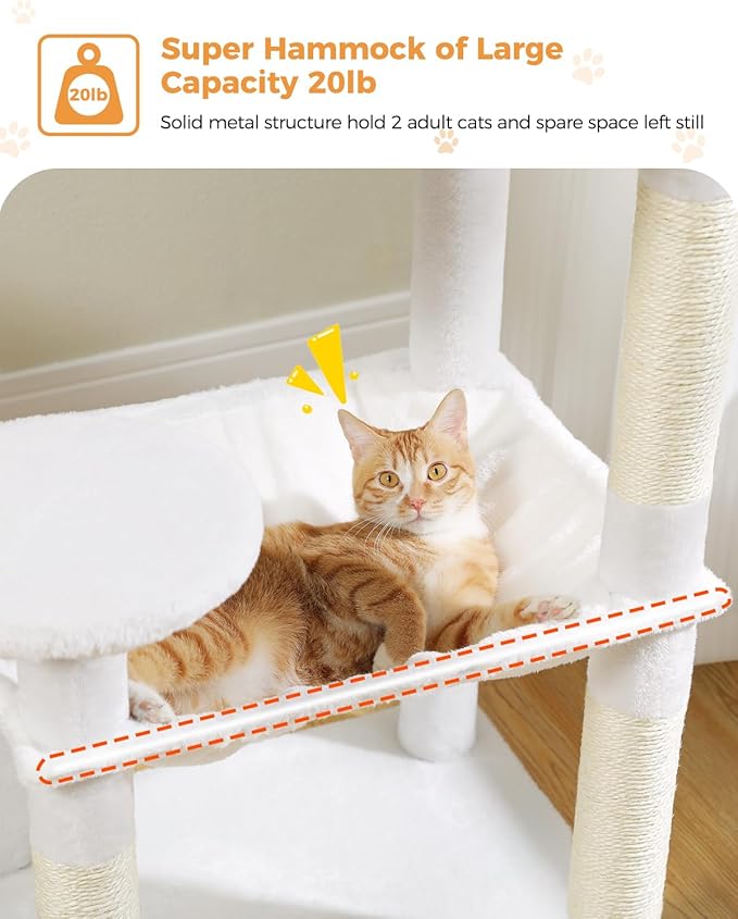 Cat Tree for Large Cats with Metal Plush Big Hammock, 56.3" Cat Tower for Indoor Cats with 2 Door Condo House, 6-Tier Cat Shelves with Scratching Posts and Large Top Perch, Cream White-Mewly Pet