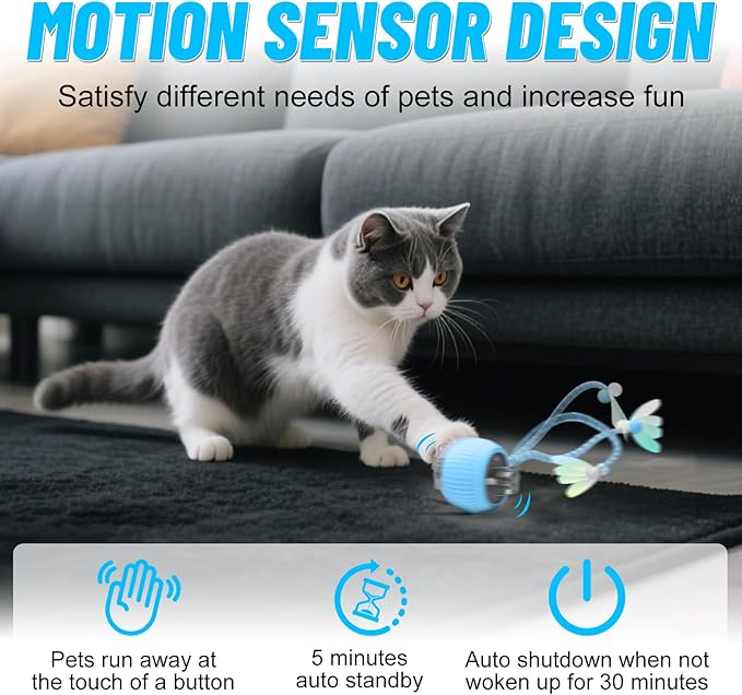 Interactive Cat Toy Ball for Indoor Cats with Mesh Tail & Foils, Automatic Rolling Three Modes Agile Moving Cat Ball to Keep Them Busy Rechargeable, Blue-Mewly Pet