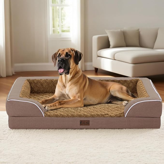 Orthopedic Dog Beds, Waterproof Memory Foam Large Sized Dog Bed with Sides, Non-Slip Bottom and Egg-Crate Foam Big Dogs Beds with Removable Washable Cover(Large,Brown)-Mewly Pet