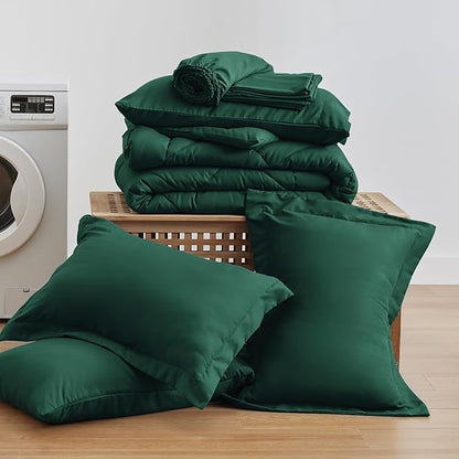 Love's cabin California King Comforter Set Dark Green, 7 Pieces California King Bed in a Bag, All Season Bedding Sets with 1 Comforter, 1 Flat Sheet, 1 Fitted Sheet, 2 Pillowcase and 2 Pillow Sham