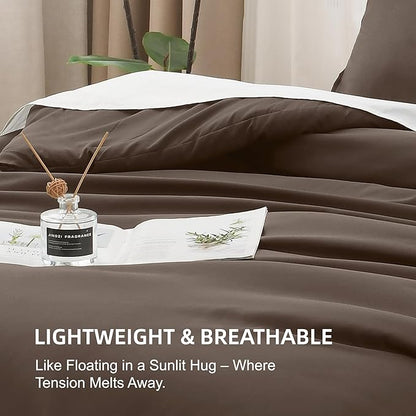 Litanika Comforters Queen Size Chocolate, 3 Pieces Lightweight Solid Bedding Set & Collections, All Season Fluffy Bed Set (90x90 Inches Comforter & 2 Pillowcases)