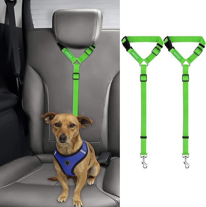 BWOGUE 2 Packs Dog Cat Safety Seat Belt Strap Car Headrest Restraint Adjustable Nylon Fabric Dog Restraints Vehicle Seatbelts Harness Green-Mewly Pet