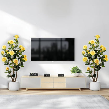 Artificial Camellia Tree 2 Pack, Artificial Plants Outdoor Faux Plant in Cement Pot Fake Yellow Silk Camellia Tree Plants for Home House Living Room Office Decor (Yellow (2 Pack))