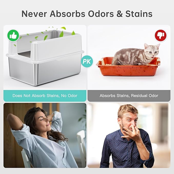 Stainless Steel Litter Box with Lid, 14” XL Stainless Steel Cat Litter Box Enclosure, Extra Large Metal Cat Box, Non-Sticky, Anti Leakage, Easy Cleaning Litter Pan, Include Scoop-Mewly Pet