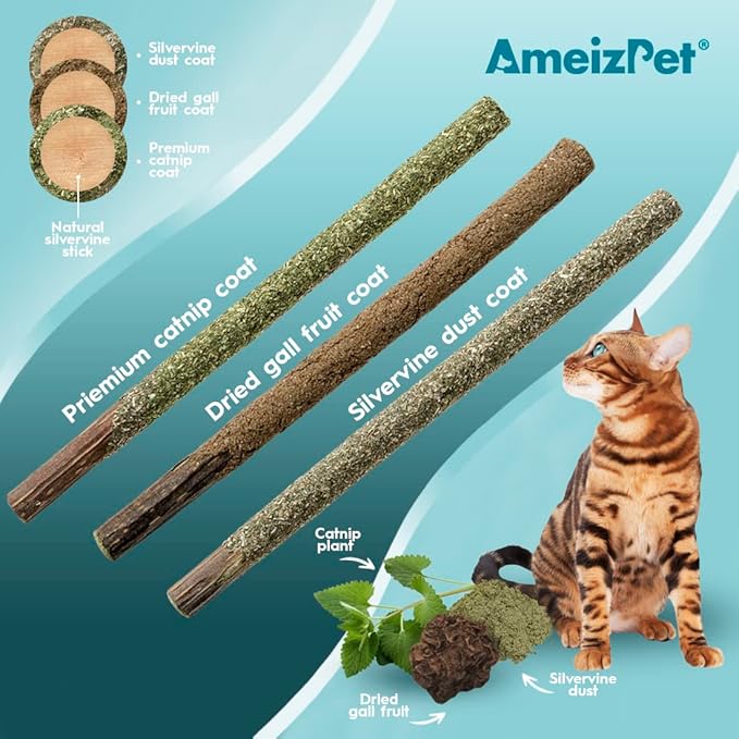 Silvervine Sticks for Cats, Chew Sticks Covered with Catnip Dust - Natural Matatabi Cat Dental Care, Silvervine Cat Teeth Cleaning, 6 Pcs-Mewly Pet