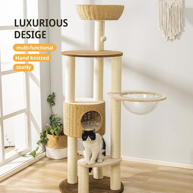 2025 Modern Cat Tree Tower for Large Cats, Advanced Space Module Cat's Nest, Hand Woven Multilevel Huge Paws Pals Tree, 7cm Natural Sisal Prop Wood, Scratching Cat Lover Gifts-Mewly Pet