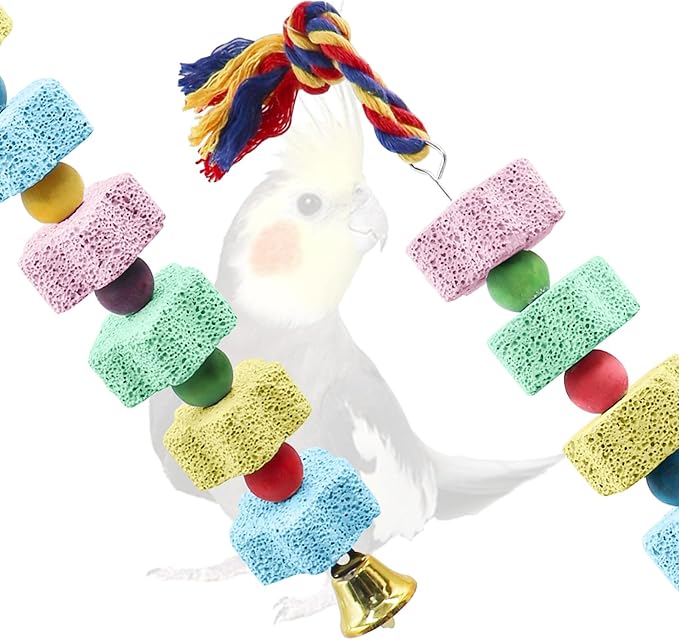 2 Pack Bird Chewing Toy, Colorful Parrot Beak Grinding Calcium Stone with Bells, Cage Accessories for Cockatiels Parakeets Parrots Budgies Lovebirds Rat Hamster Chinchilla Rabbit Bunny African Grey-Mewly Pet
