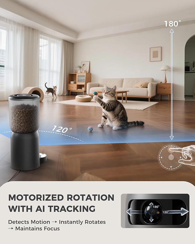 AI Cat Feeder with Dual Cameras (1 Adjustable), 2K HD Night Vision, 5G/2.4G WiFi, 6L Automatic Pet Feeder with APP Control, Laser Interactive Toy, Two-Way Audio & Scheduled Feeding-Mewly Pet