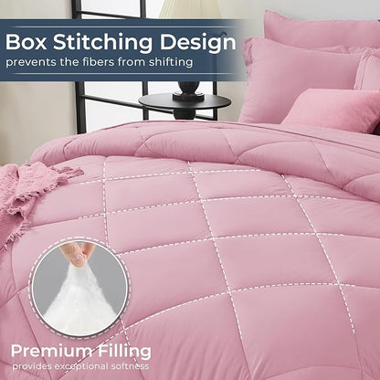 HEVUMYI Pink Twin-XL Comforter Set - 5-Piece All Season Bed in a Bag Twin-XL, Ultra Soft Bedding Set with Comforter, Flat Sheet, Fitted Sheet, Pillowcases, Pillow Shams, Pink