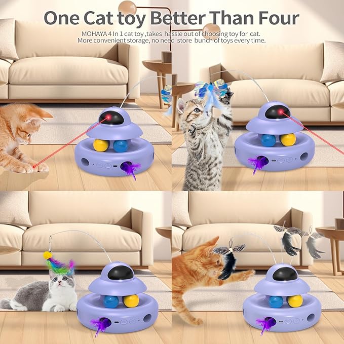 Cat Toy,Purple 4-in-1 Interactive,Cat Toys for Bored Indoor Adult Cats,Electric Flying Butterfly,Rechargeable Automatic Toy,Moving Ambush Feather,Track Balls-Mewly Pet
