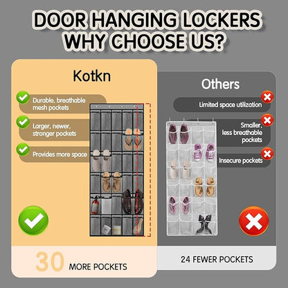 2PCS Over the Door Shoe Organizer with 30 Breathable Mesh Pockets - Large Capacity Closet Storage for Men & Women, Hanging Shoe Rack Organizer -Gray