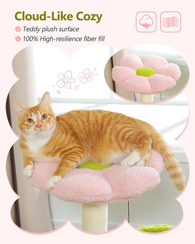 Flower Cat Tree, 28" Cat Tower with Cozy Flower Perch, Large Hammock for Indoor Small Cats, Cute Cat Tree with Sisal Scratching Post and Fur Toy Ball for Kittens, Pink-Mewly Pet