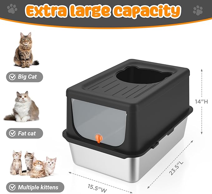 Litter Box with Lid, Stainless Steel Litter Box XL, 14" H Metal Cat Box with High Sides Wall Enclosure, Cat Pan, Non-Sticky, Easy Clean, Anti-Leakage, Black-Mewly Pet