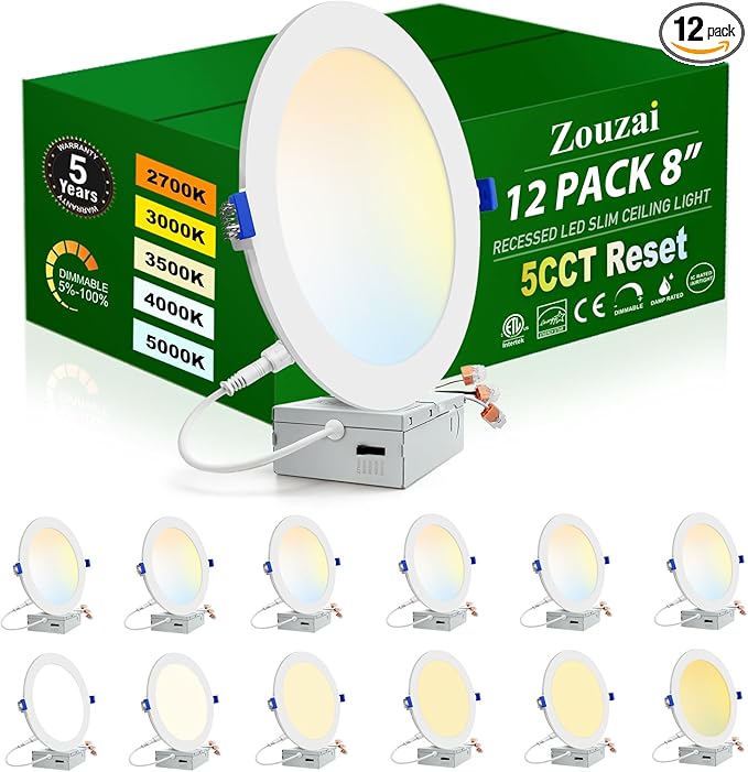 zouzai 12 Pack White 8 inch 18W 1620LM 5CCT Reset Ultra-Thin LED Recessed Ceiling Light with Junction Box, 2700K/3000K/3500K/4000K/5000K Selectable,Dimmable - ETL and Energy Star Certified