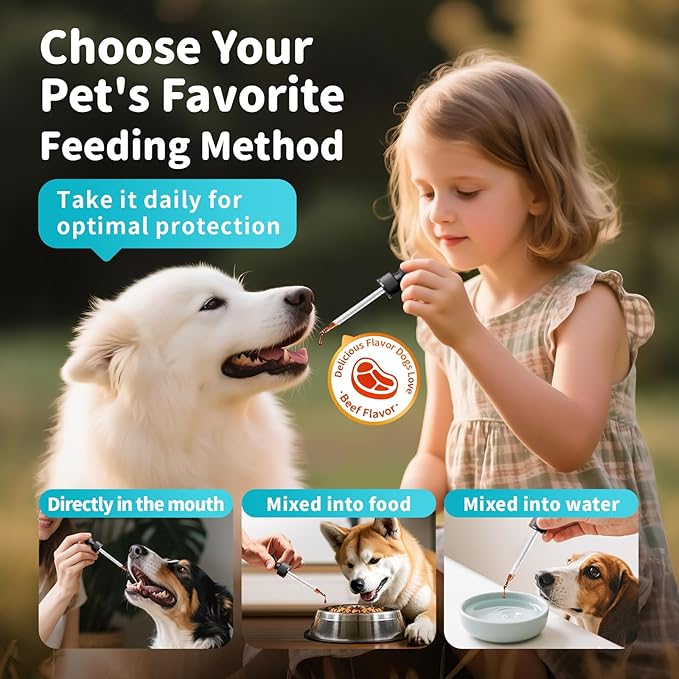 Dog Flea and Tick Support, Natural Herbal Flea & Tick Comfort for Dogs, Flea Liquid Drops Supplement for Dogs with Neem, Oregano, Pumpkin Seed Oil - Beef Flavor, 2 FL.Oz - All Breeds & Sizes-Mewly Pet