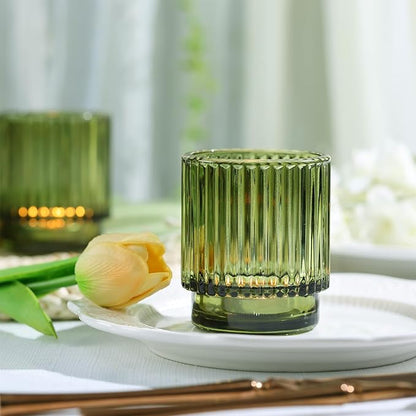 DEVI 8pcs Large Green Votive Candle Holders for Wedding Centerpieces, Glass Tea Lights Candle Holder Decor, Wedding Bridal Shower Party Table Decor, Vintage Boho Easter Decor for Table Centerpiece