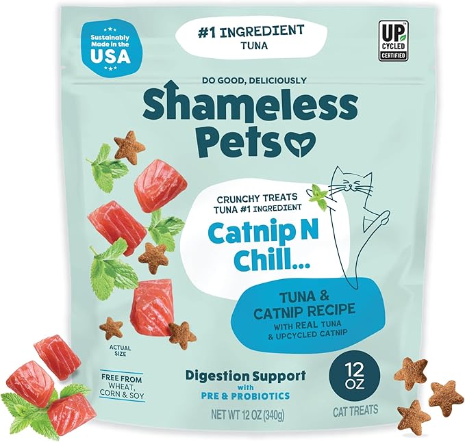 Shameless Pets Crunchy Cat Treats - Catnip Treats for Cats with Digestive Support, Kitten Treats with Real Ingredients, Natural & Healthy Flavored Feline Snacks - Catnip N Chill Tuna, 12 oz-Mewly Pet