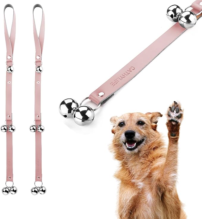 Leather Dog Doorbells for Door Knob/Potty Training/Go Outside, Length Adjustment Copper Dog Bell, Housetraining Hanging Bell, Pink Leather Silver Bells - 2 Pack-Mewly Pet