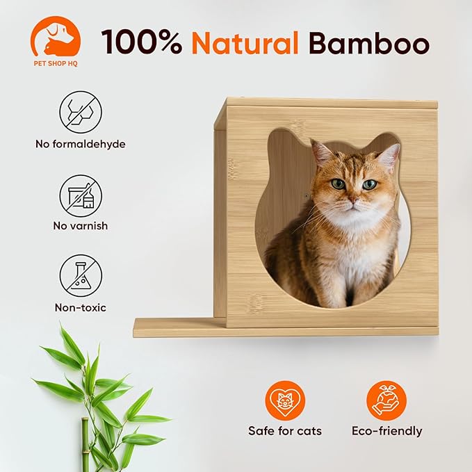 Cat Wall Furniture - Climbing Shelves, Ladders, Cat House, Hammock, Bed, Bridges, Walkways - Bamboo Material - Light Brown - Cat Furniture-Mewly Pet
