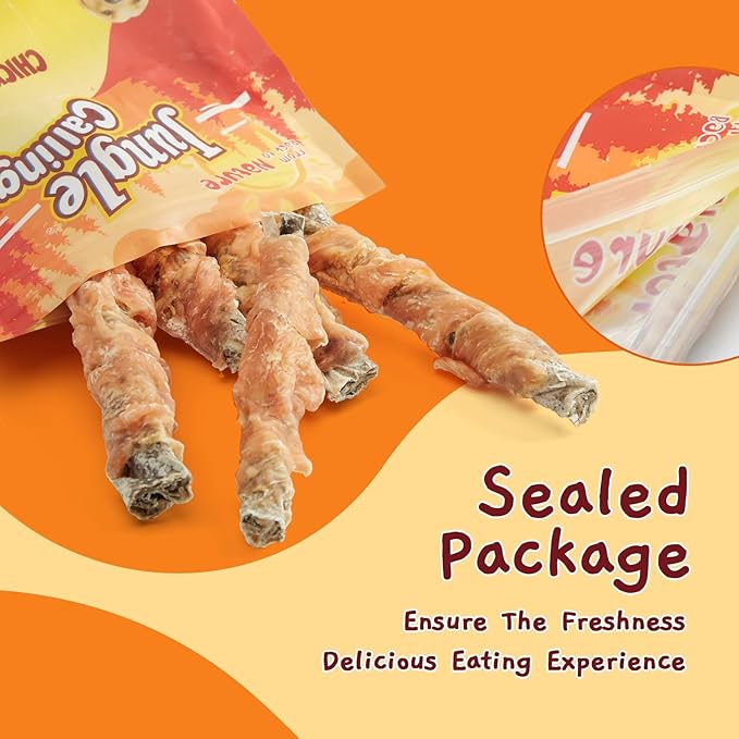 Jungle Calling Dog Treats, High Protein Dog Chewy Treats Health Teeth and Coat, Chicken Wrapped Cod Skin Sticks, Rawhide-Free Cod Fish Skin Treats for Dogs, 10.6 oz-Mewly Pet