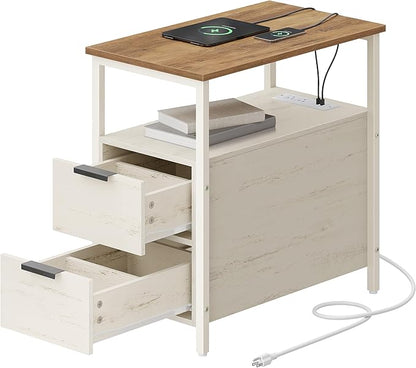 VASAGLE Side End Table with Charging Station, Slim Nightstand with 2 Drawers, Narrow Bedside Table for Living Room, Small Spaces, Honey Brown and Rustic White ULET321W01S