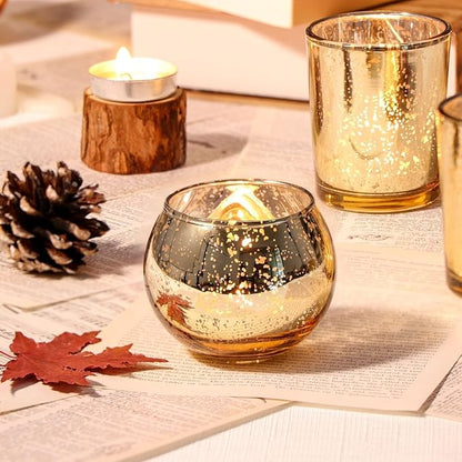 12pcs Gold Round Votive Candle Holders,Glass Gold Mercury Glass Votive Candle Holders Round Tealight for Christmas Decoration, Table Centerpieces, Weddings, Shower Gift