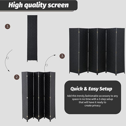 FDW Room Divider 6 Panels Wood Mesh Hand-Woven Design Indoor Folding Portable Partition Screen, Coal Black