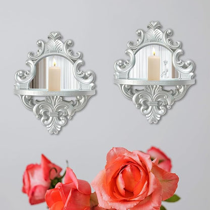 Three-Dimensional Relief Candle Sconces Set 2 Rustic Wall Mount Candle Holders Wood Hanging Wall Decor Mirrored Wall Art Hand Carved Home Decoration Silver