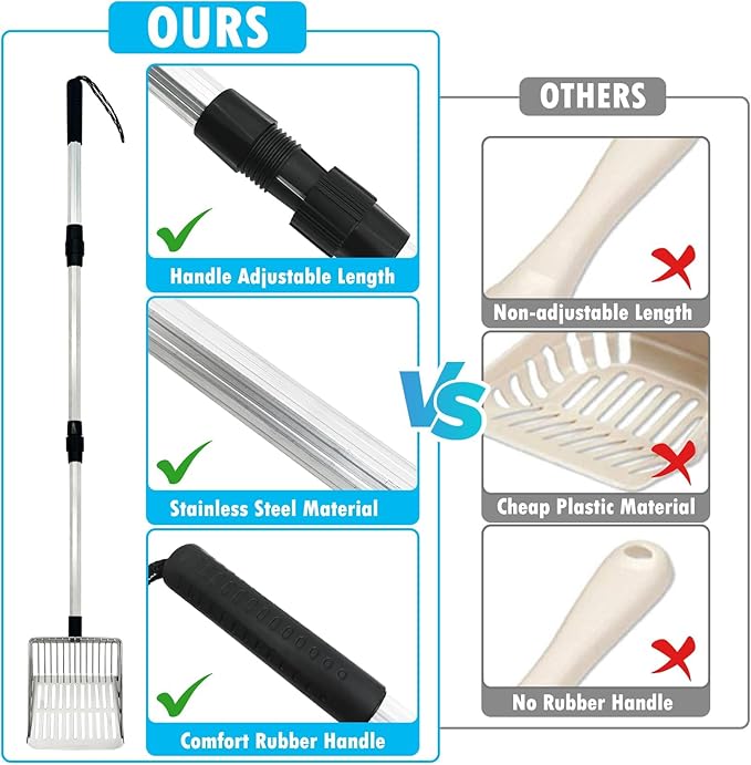 PINVNBY Stainless Steel Chicken Poop Scooper 3 in 1 Adjustable Long Handle Poop Scooper for Chicken(21.8" to 38.6") Multifunctional Chicken Coop Cleaning Tools Sifting Shovel Chicken Coop Accessories-Mewly Pet