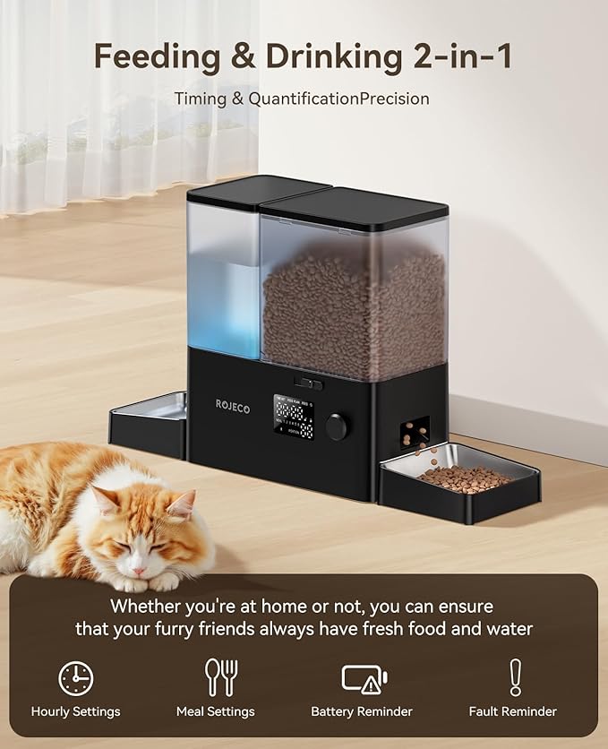 Rojeco 36Cups/8.5L Pet Automatic Cat Feeder and Gravity Water Dispenser,Stainless Steel Bowls 2-in-1 Set Large Capacity 5L Food Feeder and 3.5L Water Fountain for Cats,Pets,Small Dogs,Black-Mewly Pet