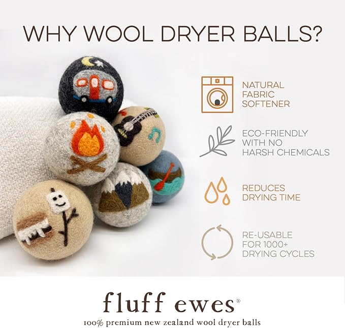 Fluff Ewes Wool Dryer Balls 6 Pack Premium New Zealand Wool Laundry Balls for Dryer, No Static Dryer Balls Laundry Reusable, XL Wool Dryer Balls Cute, Baby Dryer Balls for Dryers - are We There Yet-Mewly Pet