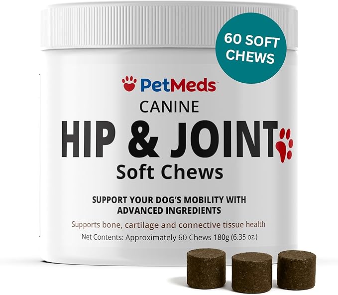 PetMeds Hip & Joint Supplement for Dogs - Vitamins, Glucosamine, MSM, Chondroitin, Collagen for Joint Mobility & Flexibility - Senior Dog Arthritis Support - Beef & Sweet Potato Flavor - 60 Soft Chews-Mewly Pet