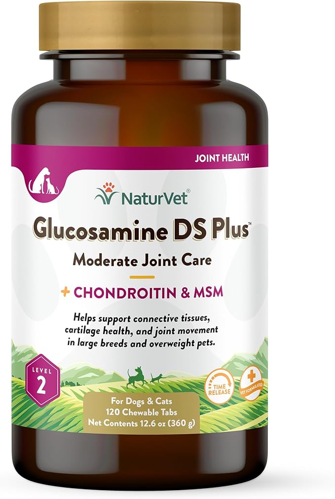 NaturVet Glucosamine DS Plus Level 2 Moderate Care Joint Support Supplement for Dogs and Cats, Chewable Tablets Time Release, Made in The USA, 120 Count-Mewly Pet