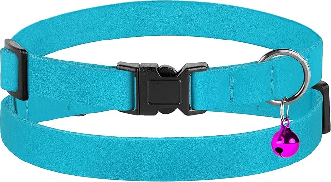 Breakaway Cat Collar Leather with Removable Bell - 13 Colors Available - Soft Adjustable Girl Boy Safety Lightweight Pet Kitten Collars Pink Brown Blue Green Red Orange Black (Aquamarine)-Mewly Pet