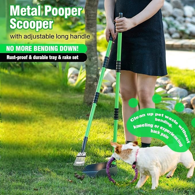 MXF Dog Pooer Scooper Set, 2 in 1 Pet Poop Scooper with Long Handle 28" Dog Poop Picker Upper and Stainless Metal Tray & Rake for Medium & Small Dogs, Heavy Duty for Grass, Dirt, Gravel-Mewly Pet