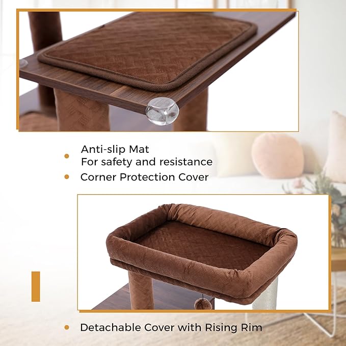 Tall Cat Tree with Litter Box Enclosure 56.7" Wooden Cat Tower for Large Cats with Cat Hammock House Bed (Wood Beige)-Mewly Pet