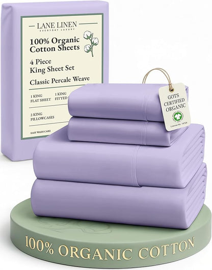 LANE LINEN 100% Organic Cotton Fully Elasticized King Sheet Set, Low Pilling Fade Resistant Machine Washable Naturally Cooling King Bedding Set, Soft & Comfy Cotton Sheets - Orchid Petal