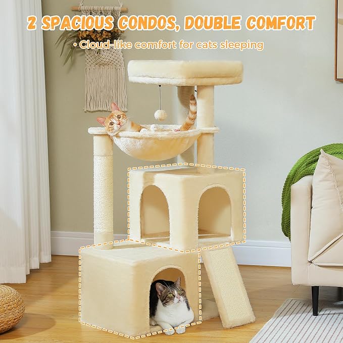 PAWZ Road Large Cat Tree, 41 Inches Multi-Level Cat Tower with 2 Spacious Condos for Indoor Cats, Large Cat House with Comfy Hammock, Padded Perch, Scratching Pad and Replaceable Balls-Mewly Pet