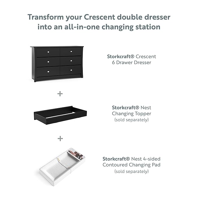 Storkcraft Crescent 6-Drawer Dresser (Black) – GREENGUARD Gold Certified, Black Dresser for Bedroom, Kids & Nursery Storage Chest, Safety Interlocking Drawers, Pre-Installed Tracks, Kids Chest
