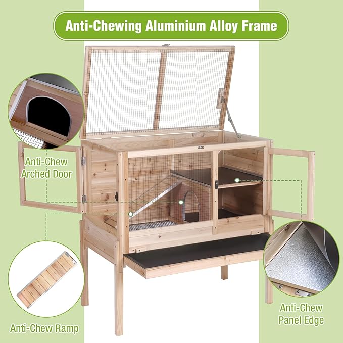 GUTINNEEN Indoor Guinea Pig Cages - Wooden Rabbit Cage Bunny Hutch with Chew-Proof Ramp, Pull-Out Tray, Leakproof PVC Layer & Detachable Legs for Rabbits, Guinea Pigs (Natural Wood)-Mewly Pet