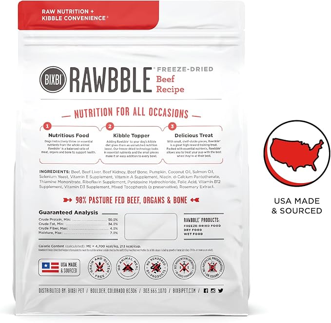 BIXBI Rawbble Freeze Dried Dog Food, Beef Recipe, 26 oz - 98% Meat and Organs, No Fillers - Pantry-Friendly Raw Dog Food for Meal, Treat or Food Topper - USA Made in Small Batches-Mewly Pet