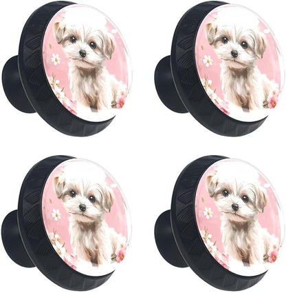4 Pieces Drawer Knobs Puppy Dog with Flowers on Pink Background 35mm Black Base Dresser Knobs Closet Door Cabinet Hardware Handles Pulls for Kitchen Bedroom Cupboard