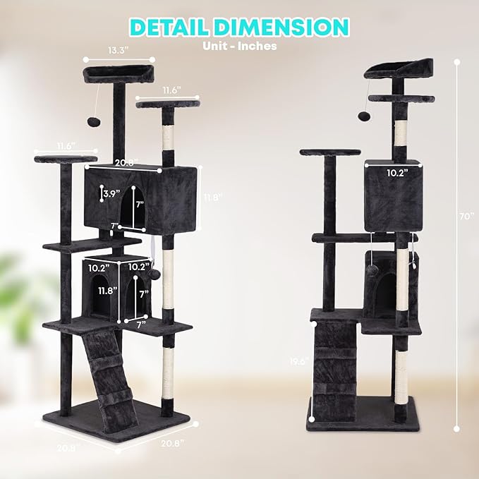 FDW Cat Tree 70in Cat Tower Multi-Level Durable Cat Scratching Post & Cozy Fun Cat Jumping Platform Space Saving Cat Condo Pet Play House for Indoor Cats,Dark Gray-Mewly Pet