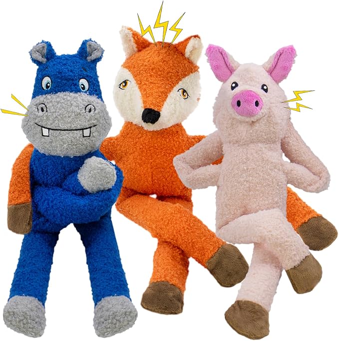 3 Pack No Stuffing Crinkle Squeaky Interactive Plush Dog Toys for Aggressive Chewers to Keep Puppy Busy for Boredom Small & Medium Breeds Furry Friend Teething Orange Fox Pink Pig Blue Hippo-Mewly Pet