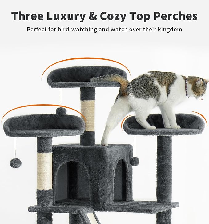 Made4Pets Tall Cat Tree, 80" Cat Tree Tower for Indoor Cats Large Adult, Modern Cat Tower with Scratching Post, Cozy Hammock, 3 Perches and 2 Condos, Sturdy and Fluffy, Dark Gray-Mewly Pet