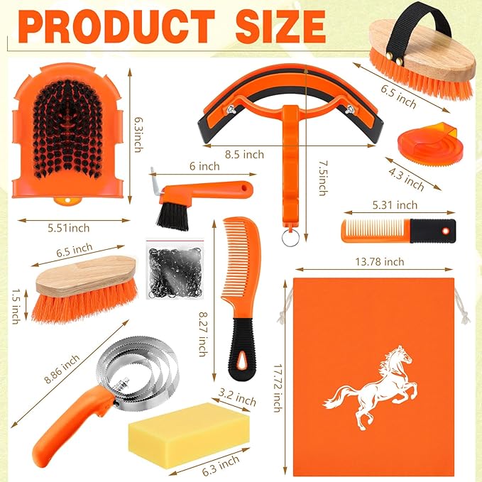 Abbylike 12 Pieces Horse Grooming Kit Racing Festival Tack Room Supplies Horse Brush Sets Equine Care Cleaning Kit Shedding Grooming Massaging Tools(Orange)-Mewly Pet