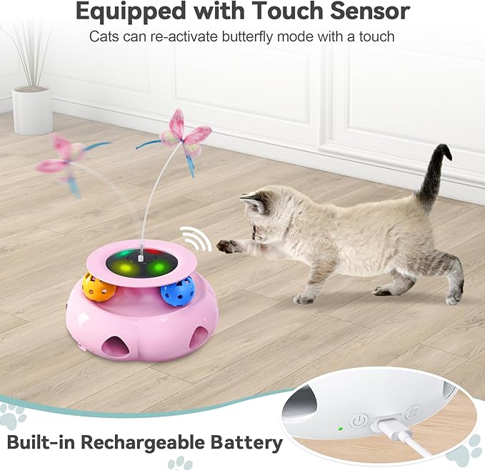 Cat Toys Interactive Rechargeable 3in1 Whack a Mole Cat Toy, Fluttering Butterfly, Track Balls, Touch Activated Automatic Kitten Toys for Indoor Cats-Mewly Pet